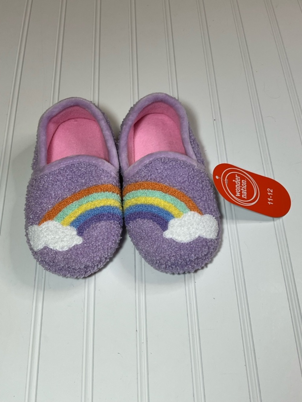 Wonder Nation Size 11-12 Purple Fuzzy Slippers with Rainbow Cloud NWT
